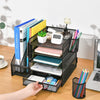 Marbrasse Desk Organizer with File Holder, 5-Tier Paper Letter Tray Organizer with Drawer and 2 Pen Holder, Mesh Desktop Organizer and Storage with Magazine Holder for Office Supplies (Black)