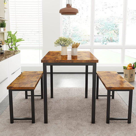 AWQM Dining Room Table Set, Kitchen Table Set with 2 Benches, Ideal for Home, Kitchen and Dining Room, Breakfast Table of 47.2x28.7x29.5 inches, Benches of 41.3x11.8x17.7 inches, Rustic Brown